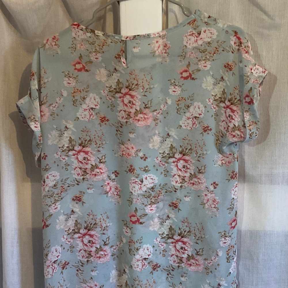 Floral Short Sleeve Blouse - Light Blue with Pink Floral - Picture 2 of 4
